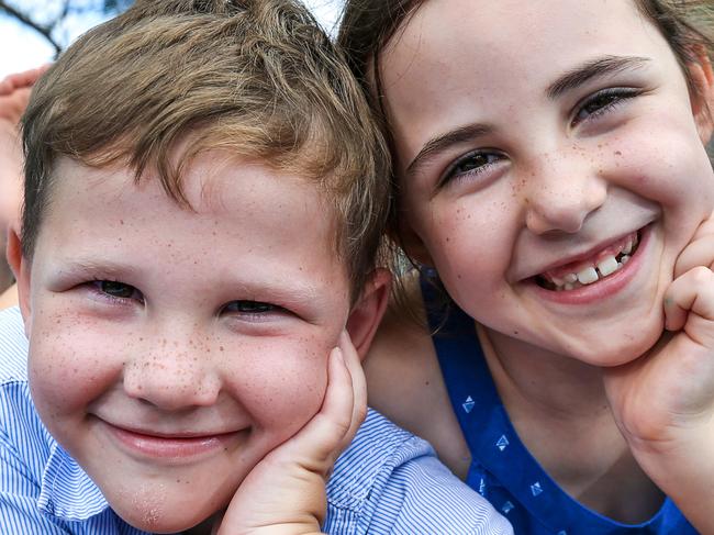 Building resilience in kids. Brother and sister Noah 5yrs and Matilda 7yrs at play in their backyard. Picture : Ian Currie