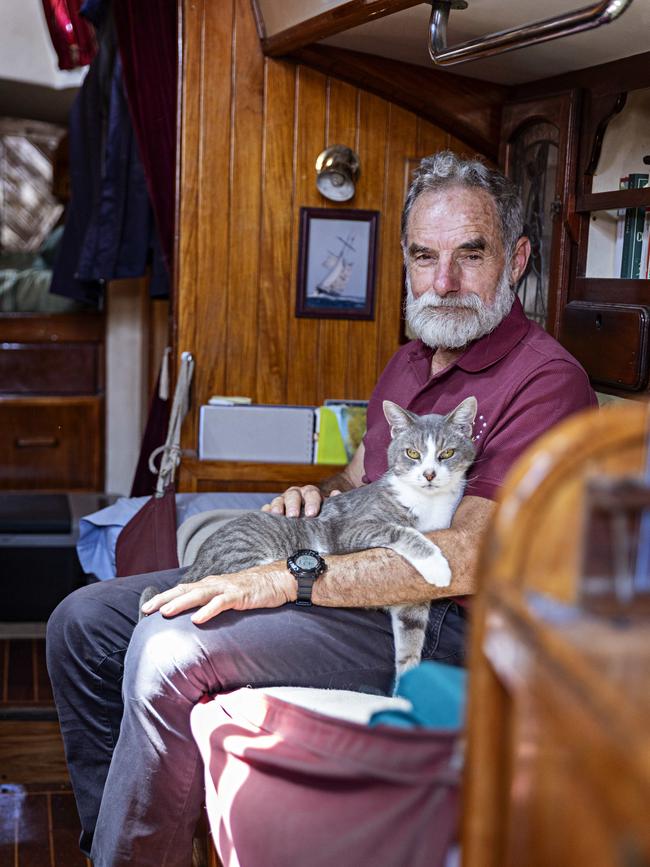 SYDNEY, AUSTRALIA, NOVEMBER 22, 2023. Sylph VI skipper and owner Robert â€˜Bobâ€™ Williams with his cat Oli who will sail with Bob in the Sydney to Hobart yacht race on board Sylph VI. Photographer: Adam Yip