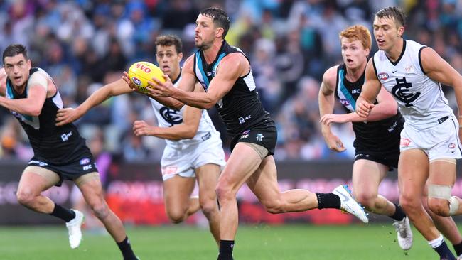 Boak is leading Port Adelaide in disposals, contested ball, tackles and inside 50s after three games this season. Picture: David Mariuz (AAP).