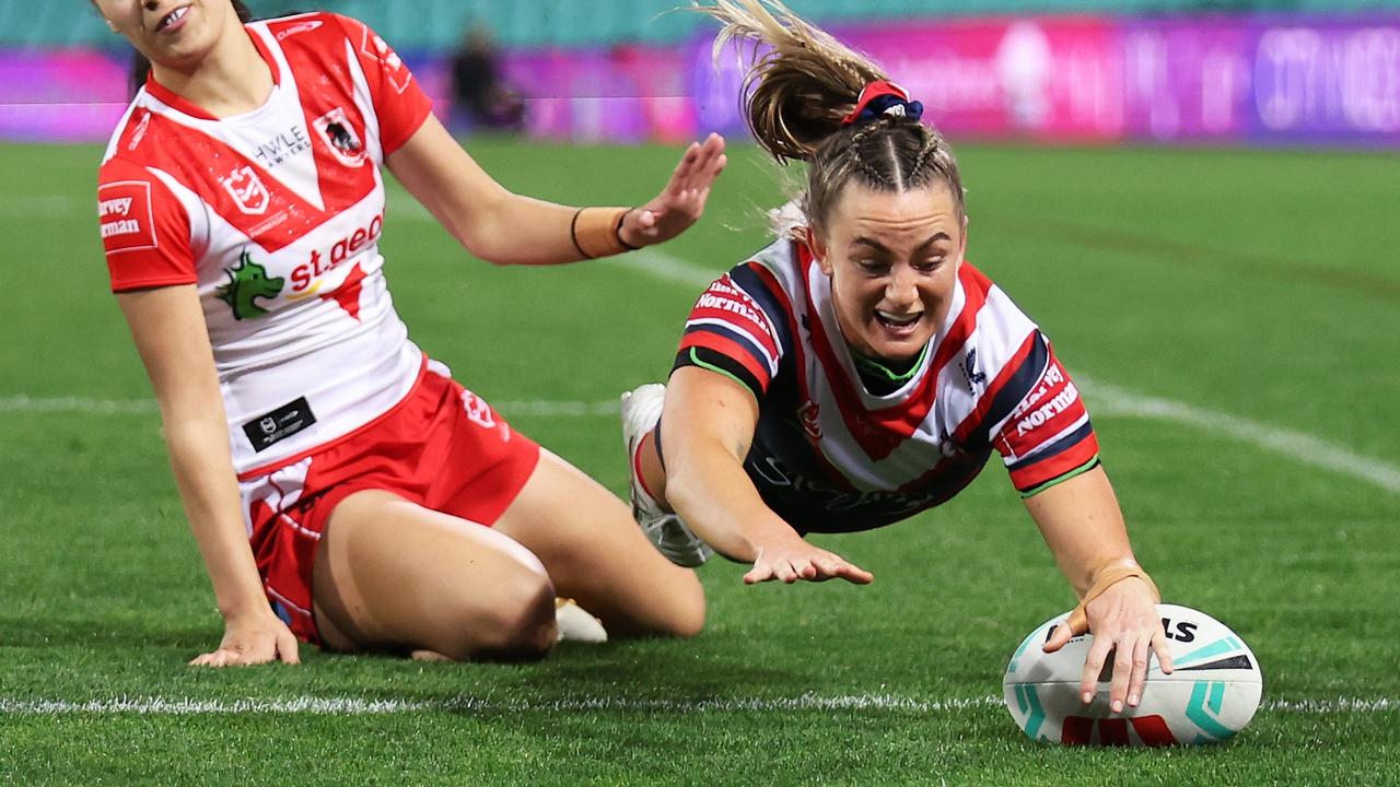 Brydie Parker scores one of the Roosters’ six tries. Picture: Matt King/Getty