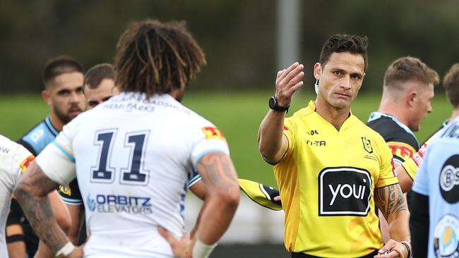 SYDNEY, AUSTRALIA - AUGUST 15: Kevin Proctor of the Titans is called by referee Henry Perenara following an incident involving biting the forearm of Shaun Johnson of the Sharks during the round 14 NRL match between the Cronulla Sharks and the Gold Coast Titans at Netstrata Jubilee Stadium on August 15, 2020 in Sydney, Australia. (Photo by Mark Kolbe/Getty Images)