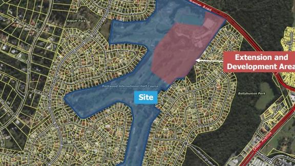 Mapping showing the extension of the development to create a wave pool park at Parkwood on the Gold Coast.