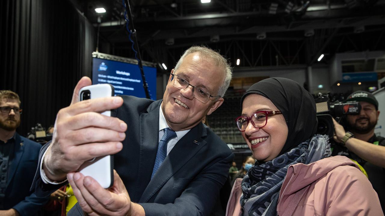 Prime Minister Scott Morrison with the Minister for Employment and the local member for Reid Fiona Martin visit Western Sydney Jobs Fair. Picture: Jason Edwards