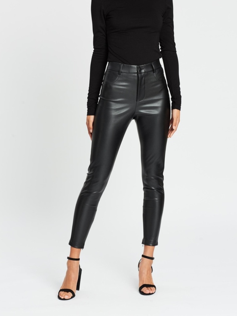 Topshop Tall faux leather pants with split front in black