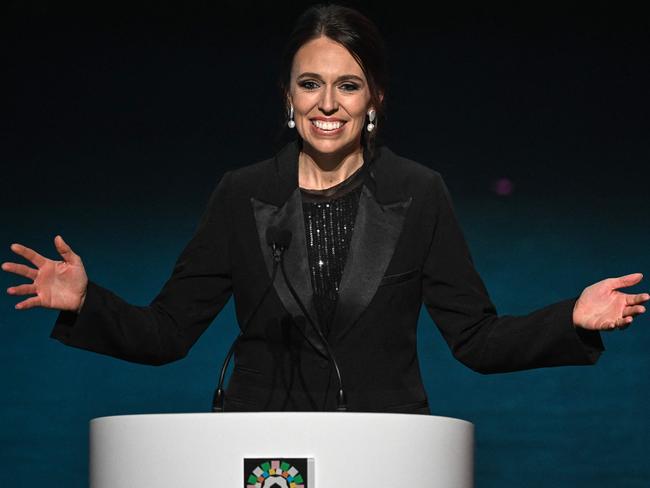 New Zealand's Prime Minister Jacinda Ardern delivers a speech during the football draw ceremony for the Australia and New Zealand 2023 FIFA Women's World Cup at the Aotea Centre in Auckland on October 22, 2022. (Photo by WILLIAM WEST / AFP)