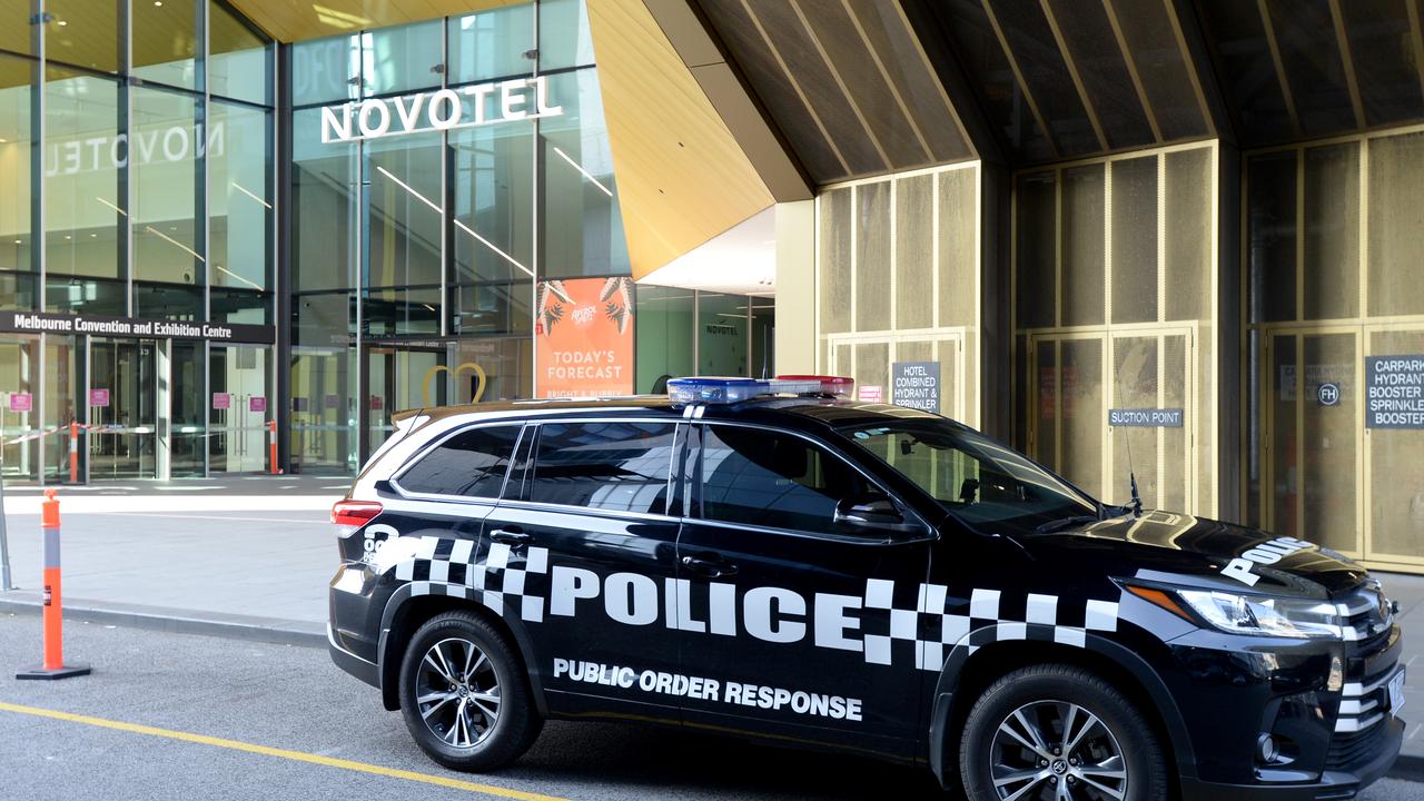 Victoria Police at the Novotel South Wharf, which has been used as a quarantine location during the second wave. Picture: NCA NewsWire / Andrew Henshaw