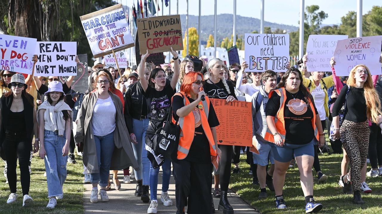 Demonstrators arrive at the No More! National Rally Against Violence march at Parliament House in Canberra. Picture: NCA NewsWire / Martin Ollman