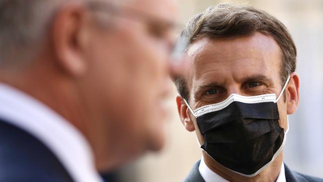 French President Emmanuel Macron with Prime Minister Scott Morrison in June, 2021. Picture: Adam Taylor/PMO