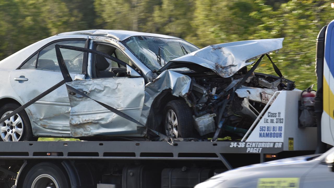 A badly damaged Toyota Camry sedan that rolled down an embankment off Mackay-Eungella Rd near Gargett on Tuesday, February 8, 2022. The car was found about 3.15pm and a man was flown to Mackay Base Hospital. Picture: Madeleine Graham