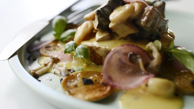 Roast king oyster mushrooms with brioche toast and cider cream. Picture: Richard Hatherly