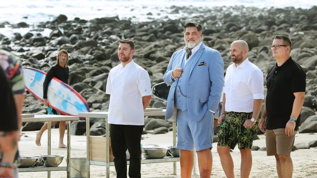 The cast of MasterChef filming at Burleigh Heads beach in February. Photo: Glenn Hampson