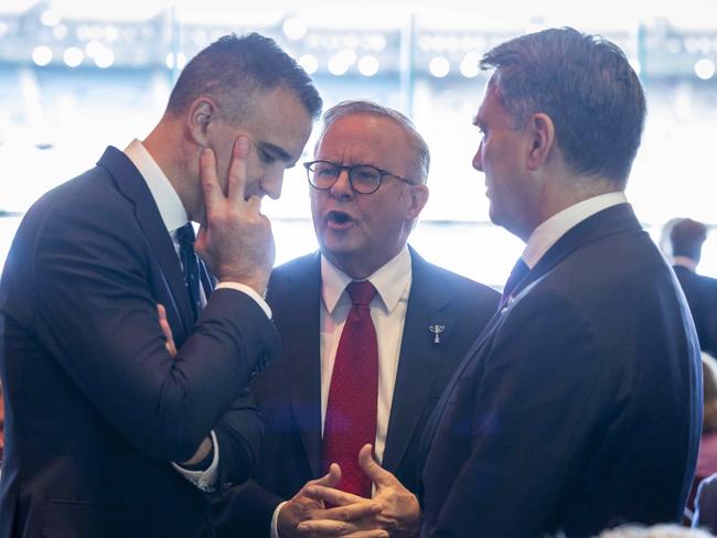 28-09-2024 - AFL Grand Final breakfast. (L-R) Peter Malinauskas, PM Anthony Albanese and Richard Marles. Picture: AFL Photos / Wayne Taylor