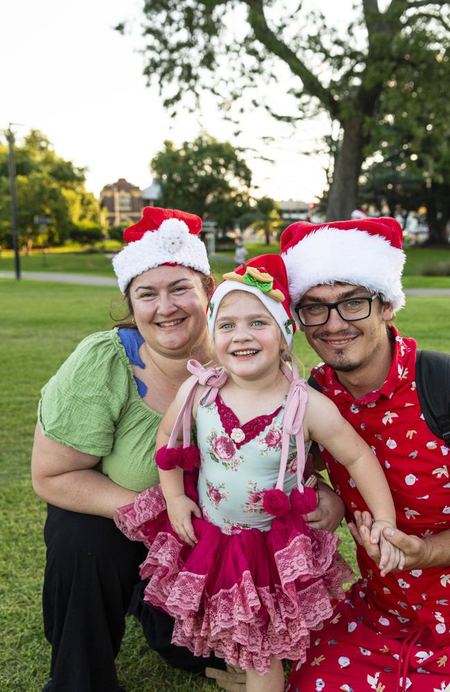 Ileana Bartlett (centre) with Kaitlin Stewart and George Bartlett at Triple M Mayoral Carols by Candlelight, Sunday, December 8, 2024. Picture: Kevin Farmer