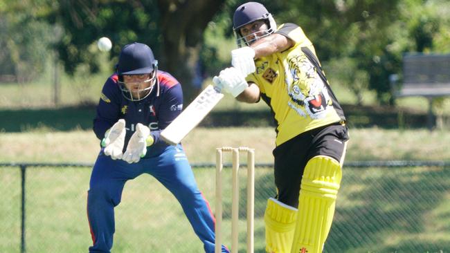 Vijay Singh hits over the top for Seaford Tigers as Long Island skipper Aiden McKenna looks on. Picture: Valeriu Campan