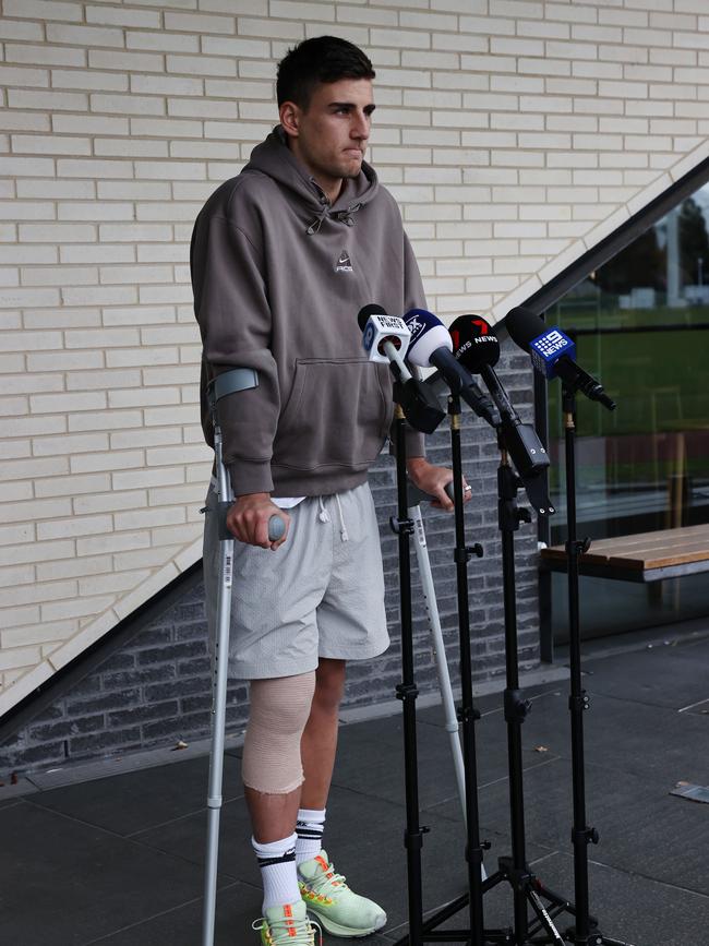 The Collingwood star told reporters he’s hopeful of a return this season. Picture: Michael Klein