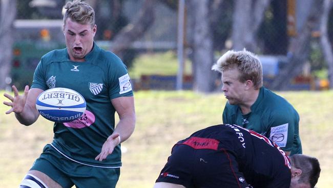 Will Munro takes a pass from Andrew Deegan, as he celebrated his 50th game for Randwick Rugby with a round 7 2016 Shute Shield win over West Harbour. Picture: Supplied.