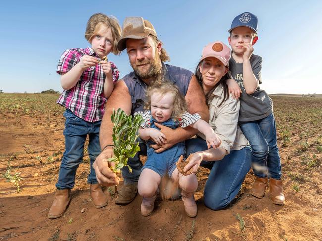 Ben and Jennifer Richie, with their children Oliver, 7 Chelsea 5, Georgia 2 on his bean farm. Pictured on 10th October 2024. Picture: Ben Clark