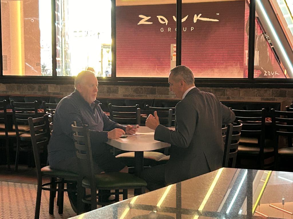 NRL CEO Andrew Abdo being interviewed by the New York Post in the closed pizzeria opposite the NRL Fan Hub.