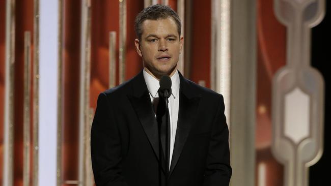 Matt Damon doing his best to follow up that mic-drop of a joke from Ricky Gervais. Picture: AP