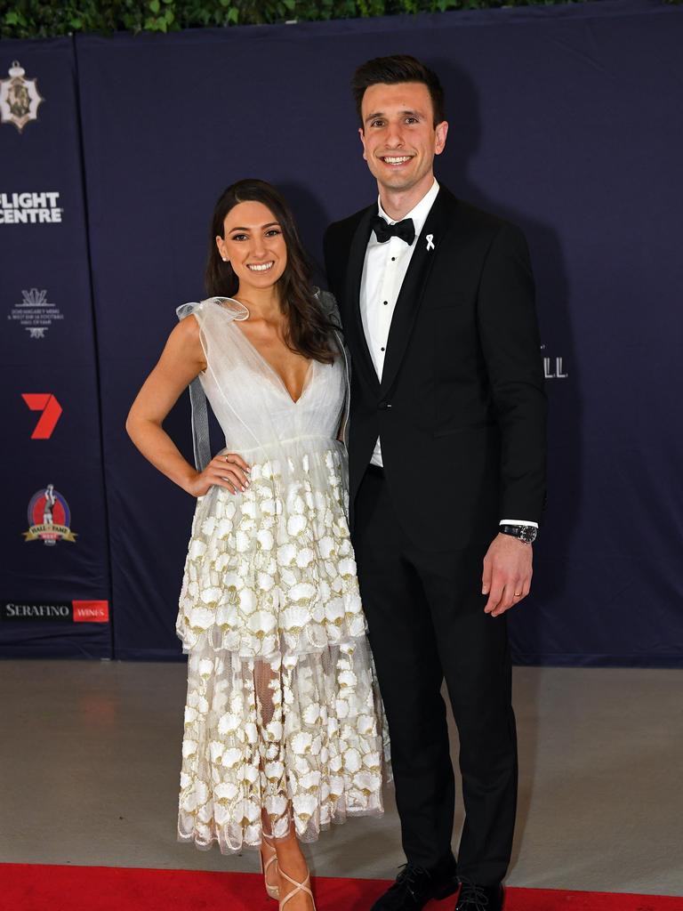 Matthew Panos and Viviana Panos on the red carpet ahead of the Magarey Medal presentation at Adelaide Oval.