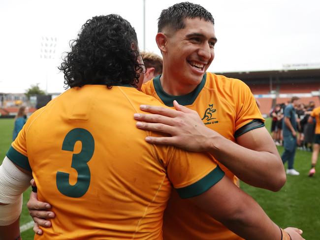 HAMILTON, NEW ZEALAND - OCTOBER 06: Eli Langi of AustraliaÃ¢â¬Â¨   celebrates the win during the match between Australia U18s and New Zealand Schools at FMG Stadium Waikato on October 06, 2024 in Hamilton, New Zealand. (Photo by Fiona Goodall/Getty Images for Rugby Australia)