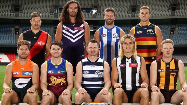 New Adelaide skipper Jordan Dawson is among 11 first-time AFL captains this year (absent: Jy Simpkin and Harris Andrews). Picture: Michael Klein