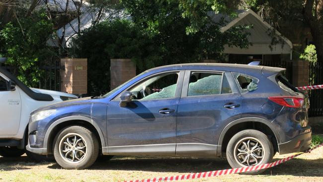 One of the vehicles damaged in last nights incident outside the curfew zone at Chewings Street, Eastside, Alice Springs. Picture: Gera Kazakov