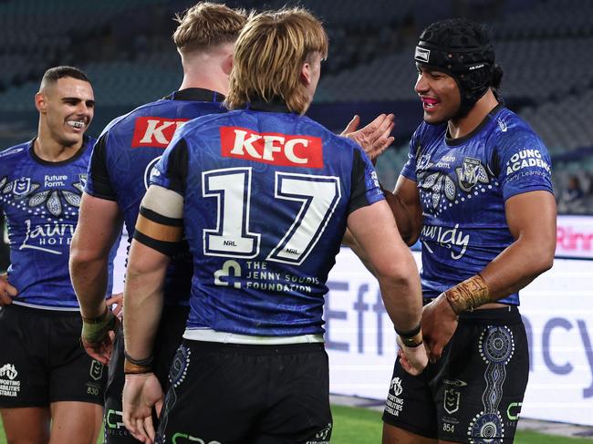 Crichton celebrating with Max King. Picture: Cameron Spencer/Getty Images