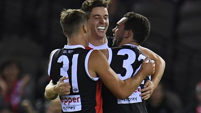 First-gamer Nick Coffield celebrates his first goal in a rare Saints highlight.