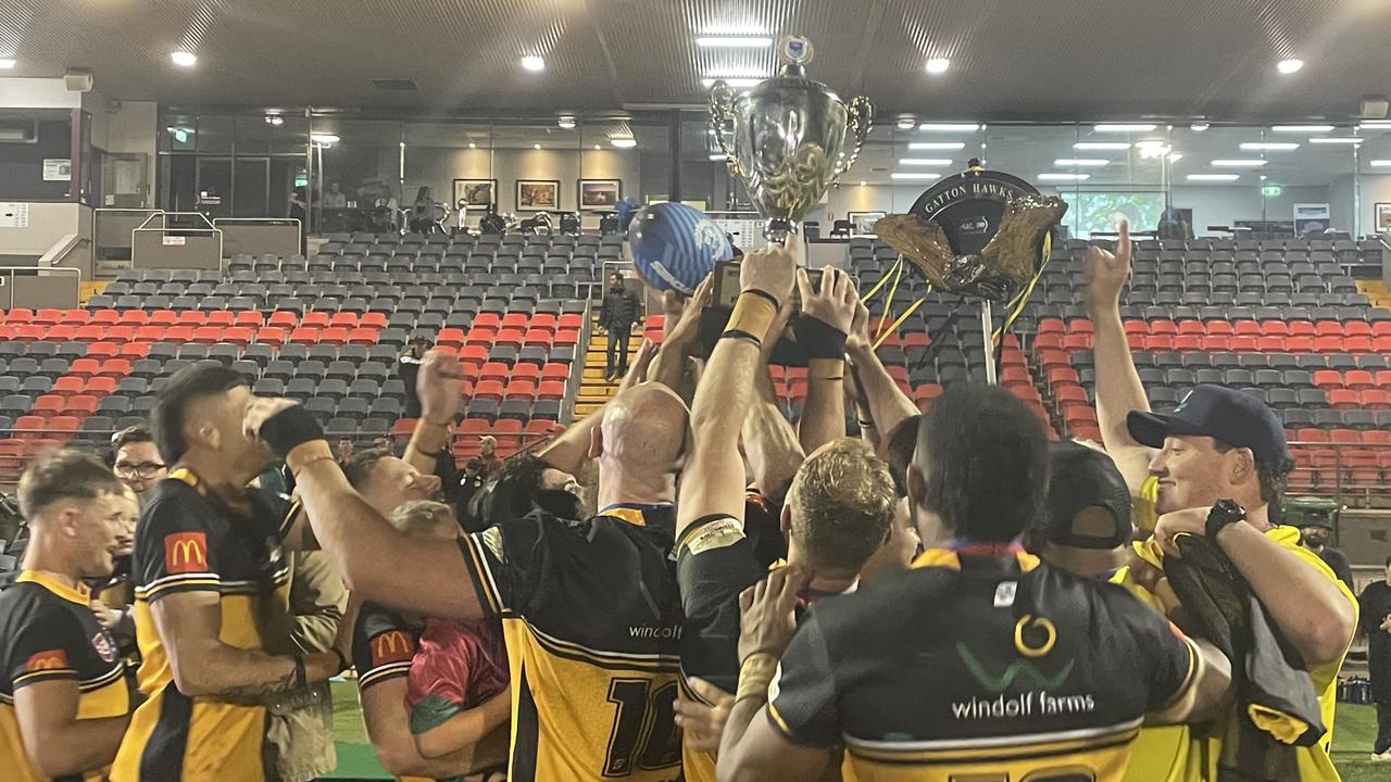 Gatton Hawks celebrate the 2024 Toowoomba Rugby League grand final win.