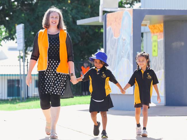 Term 3 attendance stats. Moulden Primary School has seen a boost in attendance, with the school starting an initiative called the "Walking Bus" from L Principal Ali Brady, Ashanti-Lee Ah-Fat 5 and Grace Laughton 6.Picture GLENN CAMPBELL