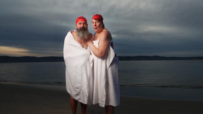 Rob Butler and Kathleen Moore of Hobart. Dark Mofo 2023 Nude Solstice Swim at Long Beach Sandy Bay. Picture: Nikki Davis-Jones