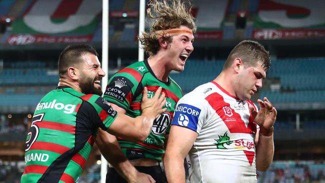 SYDNEY, AUSTRALIA - APRIL 09: Campbell Graham of the Rabbitohs celebrates after scoring a try during the round five NRL match between the South Sydney Rabbitohs and the St George Illawarra Dragons at Accor Stadium, on April 09, 2022, in Sydney, Australia. (Photo by Mark Metcalfe/Getty Images)