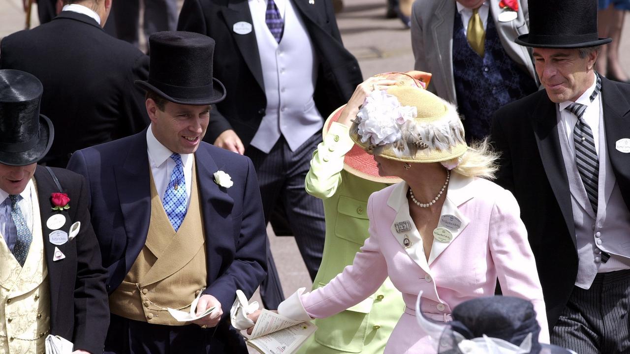 Prince Andrew and Jeffrey Epstein (top right), with Ghislaine Maxwell who is in the green outfit. Picture: Tim Graham/Getty Images