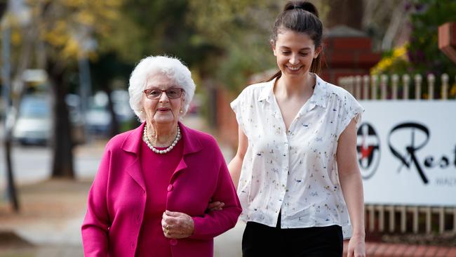 Resthaven Malvern personal care worker Carla Harker with resident Shirley Kanally. Healthcare staff are among the most secure workers. Picture: Matt Turner