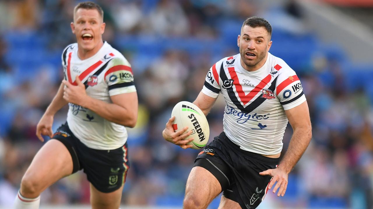 James Tedesco on the charge for the Roosters. Picture: NRL Photos