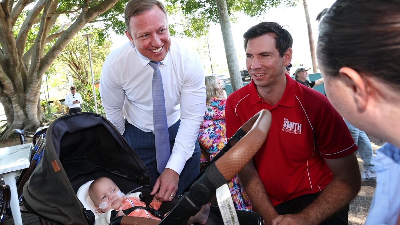 Steven Miles on the campaign trail in Brisbane with local MP Tom Smith. Picture: Adam Head