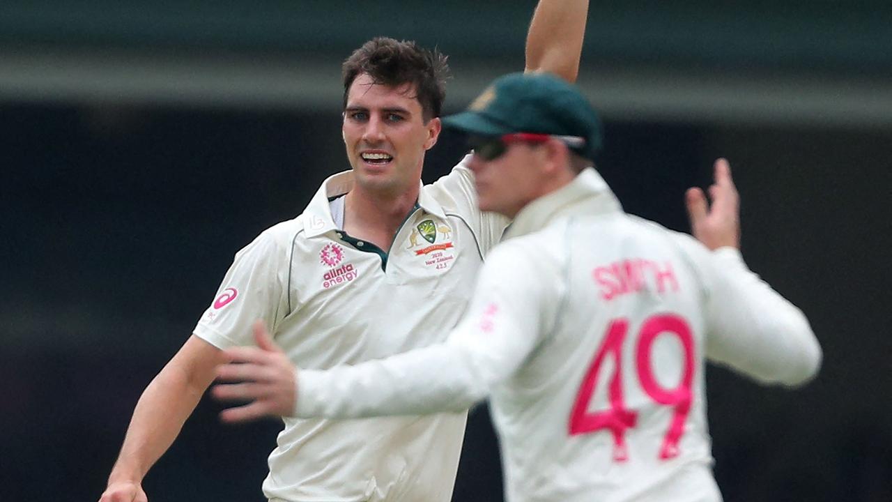 Pat Cummins and Steve Smith celebrate a wicket last summer. Picture: AFP Images