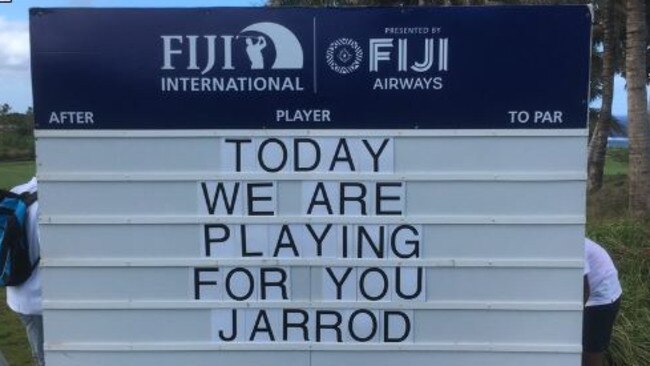 The leaderboard at the Fiji International golf tournament at Natadola Bay pays tribute to Jarrod Lyle