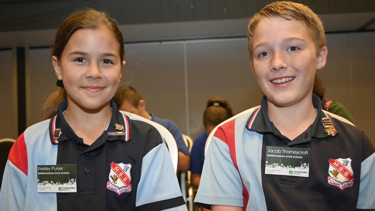 Keeley Purser (left) and Jacob Thorneycroft from Meringandan State School at this year’s Toowoomba regional mayor and councillor’s primary school captains and leaders morning tea at the Highfields Cultural Centre. Picture: Bev Lacey