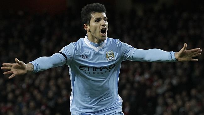 Comeback...Manchester City's Sergio Aguero celebrates his goal during the English League Cup quarterfinal soccer match betwee...