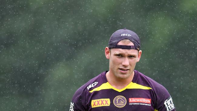 Matt Lodge is seen during a Brisbane Broncos training session at Clive Berghofer Field in Brisbane, Wednesday, March 7, 2018. The Broncos play the St George-Illawarra Dragons in the opening match of the 2018 NRL season on Thursday night in Sydney. (AAP Image/Darren England) NO ARCHIVING