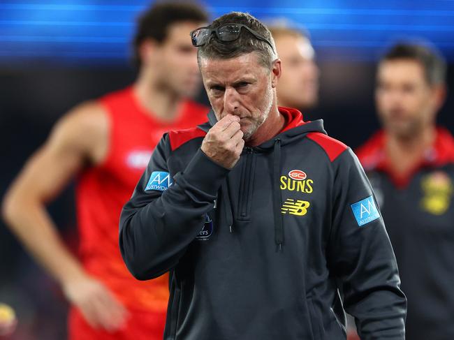 MELBOURNE, AUSTRALIA - JULY 06: Damien Hardwick, Senior Coach of the Suns looks on during the round 17 AFL match between North Melbourne Kangaroos and Gold Coast Suns at Marvel Stadium, on July 06, 2024, in Melbourne, Australia. (Photo by Quinn Rooney/Getty Images)