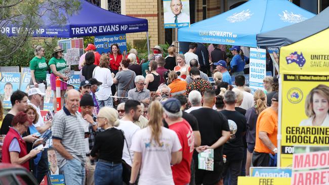 Hour-long lines at the popular Chermside pre-polling station, the busiest place to cast an early vote in Queensland. Picture: Liam Kidston