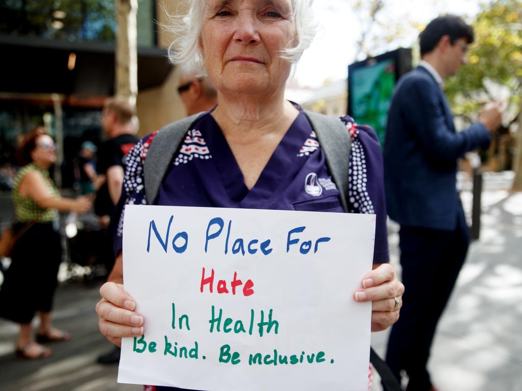 Nurses rallied outside of Parliament House in Sydney against hate speech in NSW hospitals following the anti-Semitic incident. Picture: NewsWire/Nikki Short