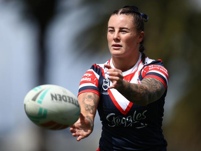 GOSFORD, AUSTRALIA - SEPTEMBER 15: Jayme Fressard of the Roosters warms up prior to the round eight NRLW match between Sydney Roosters and North Queensland Cowboys at Industree Group Stadium on September 15, 2024 in Gosford, Australia. (Photo by Jason McCawley/Getty Images)