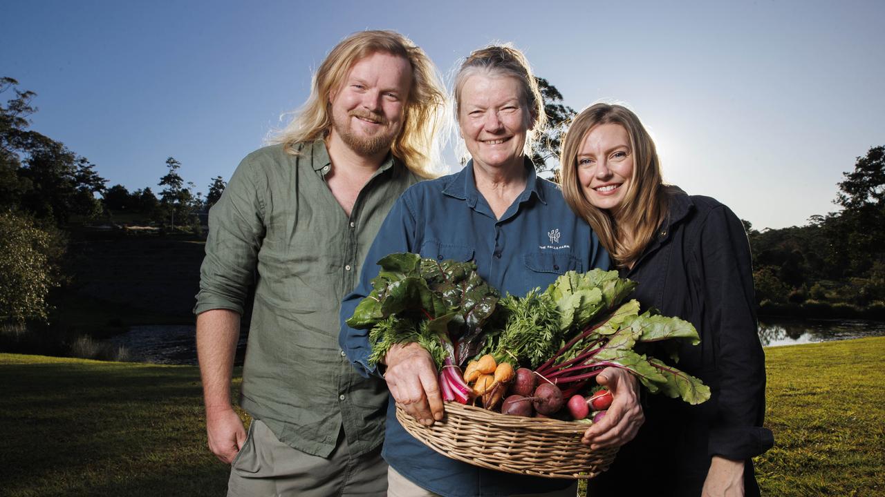 Ben Johnston, Christine Ballinger and Jess Huddart at their award-winning The Falls Farm in Mapleton. Picture: Lachie Millard