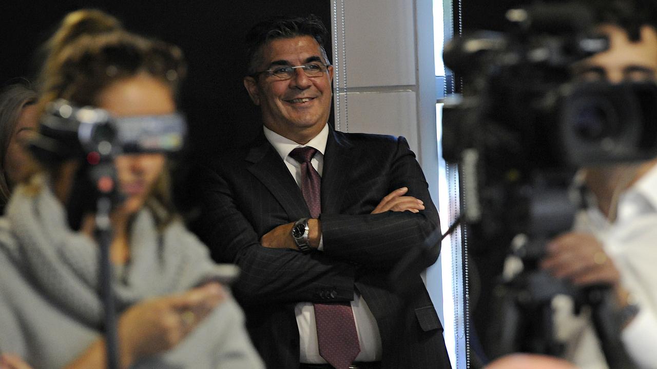 Andrew Demetriou watches on as Gillon McLachlan was announced as his successor in 2014.