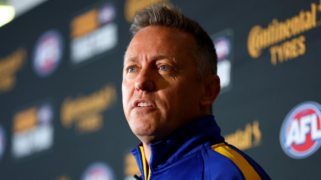 MELBOURNE, AUSTRALIA - OCTOBER 07: Matthew Clarke, West Coast List Manager speaks during the 2024 Continental Tyres AFL Trade Period at Marvel Stadium on October 07, 2024 in Melbourne, Australia. (Photo by Josh Chadwick/AFL Photos via Getty Images)