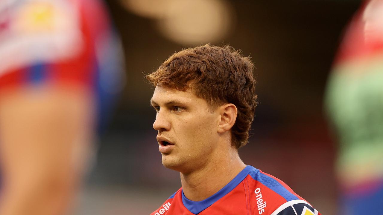 NEWCASTLE, AUSTRALIA - FEBRUARY 21: Kalyn Ponga of the Knights warms up during the NRL Trial match between the Canterbury Bulldogs and the Newcastle Knights at McDonald Jones Stadium on February 21, 2022 in Newcastle, Australia. (Photo by Ashley Feder/Getty Images)